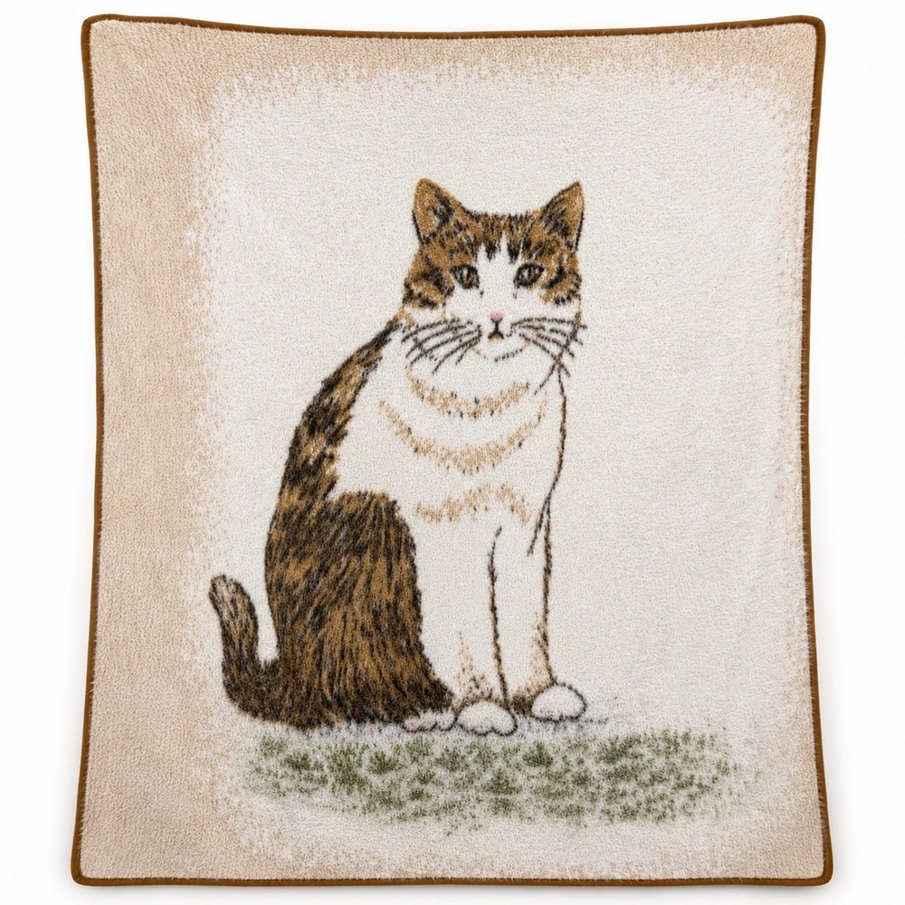 Vintage Biederlack Reversible Cat Throw Blanket Brown Cream Hungary 56x72